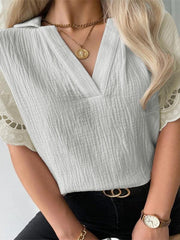 Women's Solid Color Elegant Lace V Neck Short Sleeve Top - 808Lush