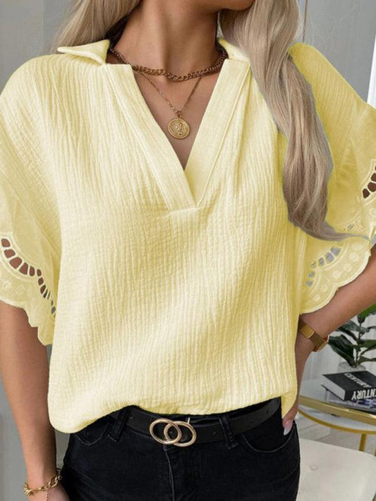 Women's Solid Color Elegant Lace V Neck Short Sleeve Top - 808Lush