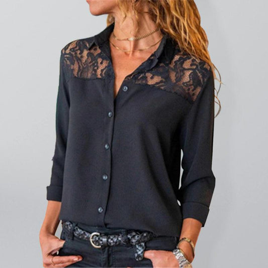 Women's Solid Color Lace Panel Long Sleeve Shirt - 808Lush