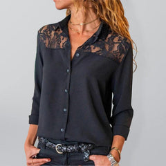 Women's Solid Color Lace Panel Long Sleeve Shirt - 808Lush