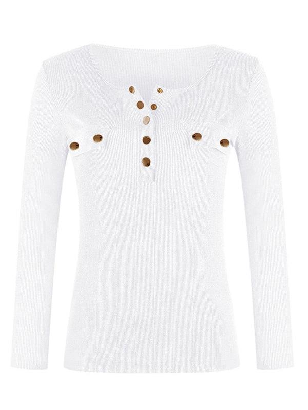 Women's Solid Color Long Sleeve Button Knit Top - 808Lush