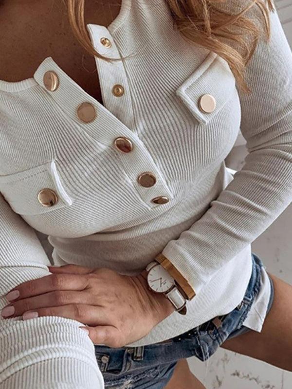 Women's Solid Color Long Sleeve Button Knit Top - 808Lush