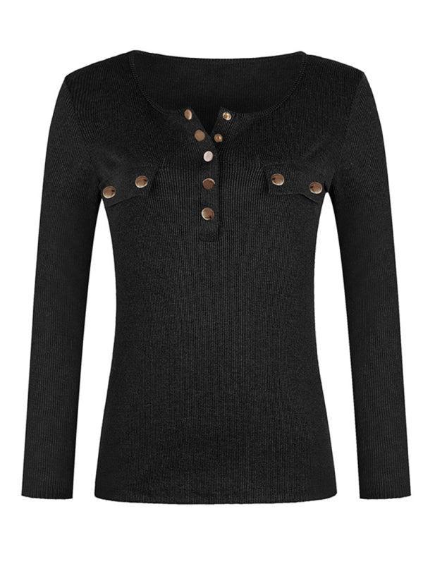 Women's Solid Color Long Sleeve Button Knit Top - 808Lush
