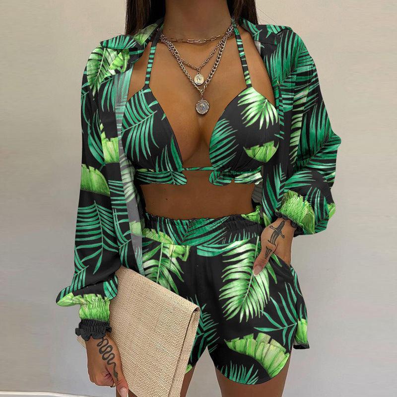 3 Piece Bikini Set Long Sleeve Shirt And A Triangle - 808Lush