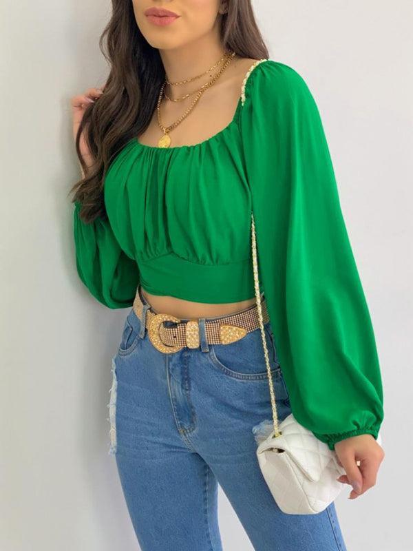 Women's Solid Color One Shoulder Balloon Sleeve Top - 808Lush