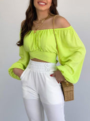 Women's Solid Color One Shoulder Balloon Sleeve Top - 808Lush