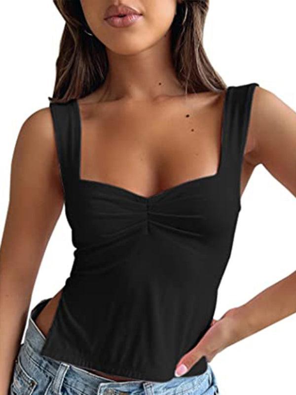 Women's Solid Color Retro Wide Straps Slim Chest Pleated Tank Top - 808Lush