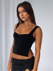 Women's Solid Color Retro Wide Straps Slim Chest Pleated Tank Top - 808Lush