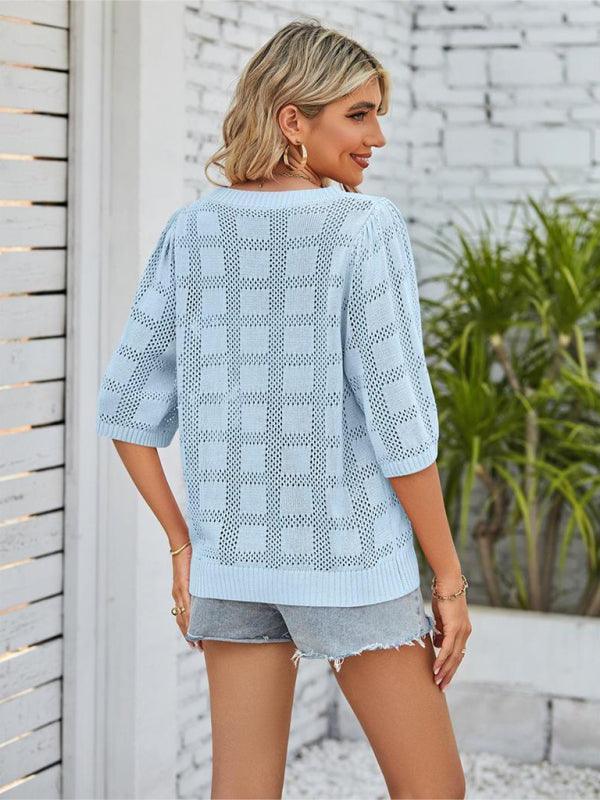 Women's Solid Color Round Neck Hollow Sunscreen Knitted Sweater Sweater - 808Lush