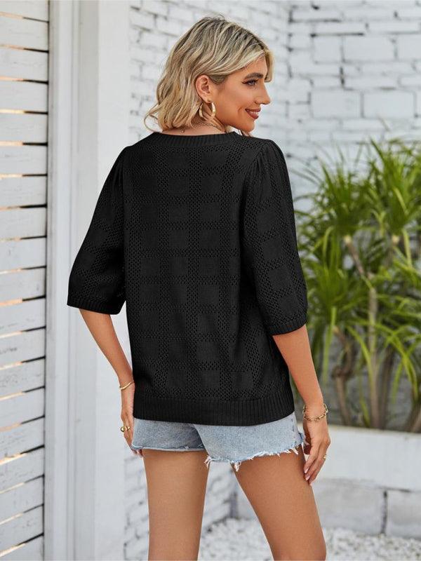 Women's Solid Color Round Neck Hollow Sunscreen Knitted Sweater Sweater - 808Lush