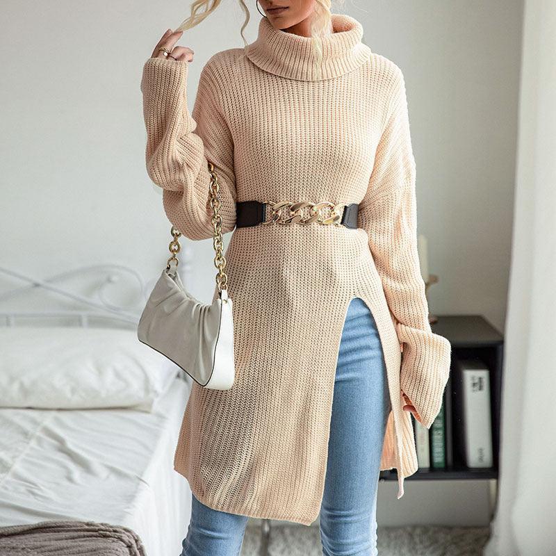 Women's Solid Color Slit Long Sleeve Turtleneck Sweater Dress - 808Lush