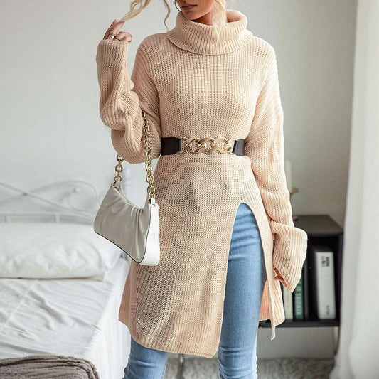 Women's Solid Color Slit Long Sleeve Turtleneck Sweater Dress - 808Lush