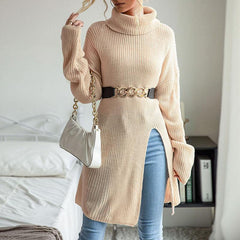Women's Solid Color Slit Long Sleeve Turtleneck Sweater Dress - 808Lush