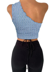 Women's Solid Color Texture One Shoulder Tank Top - 808Lush