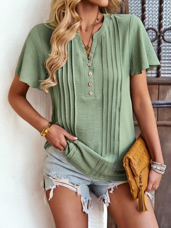 Women's Solid Color V Neck Casual Short Sleeve Top - 808Lush