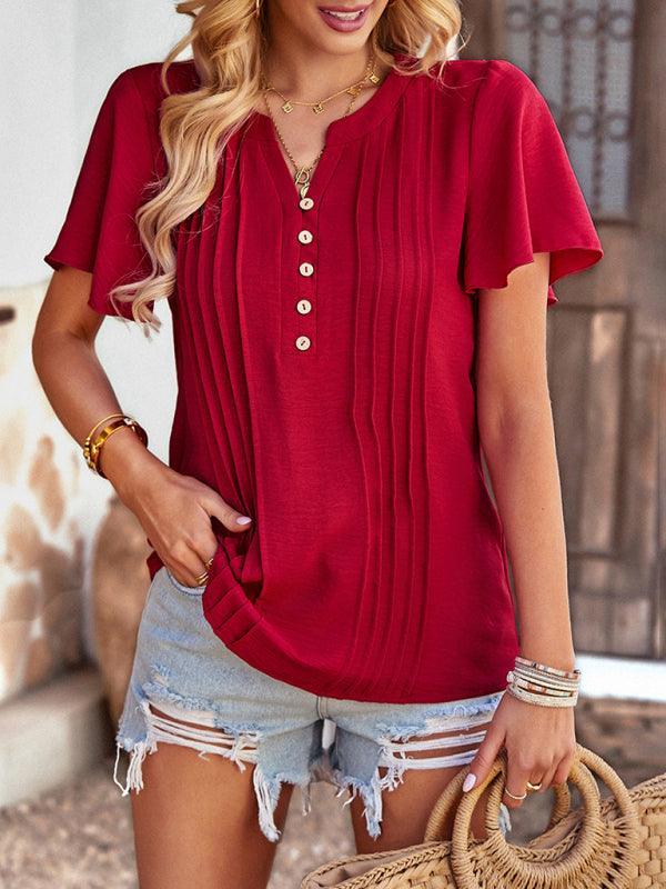 Women's Solid Color V Neck Casual Short Sleeve Top - 808Lush