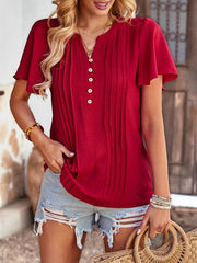 Women's Solid Color V Neck Casual Short Sleeve Top - 808Lush