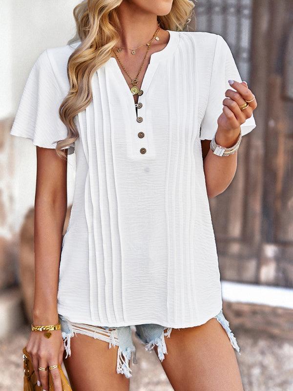 Women's Solid Color V Neck Casual Short Sleeve Top - 808Lush