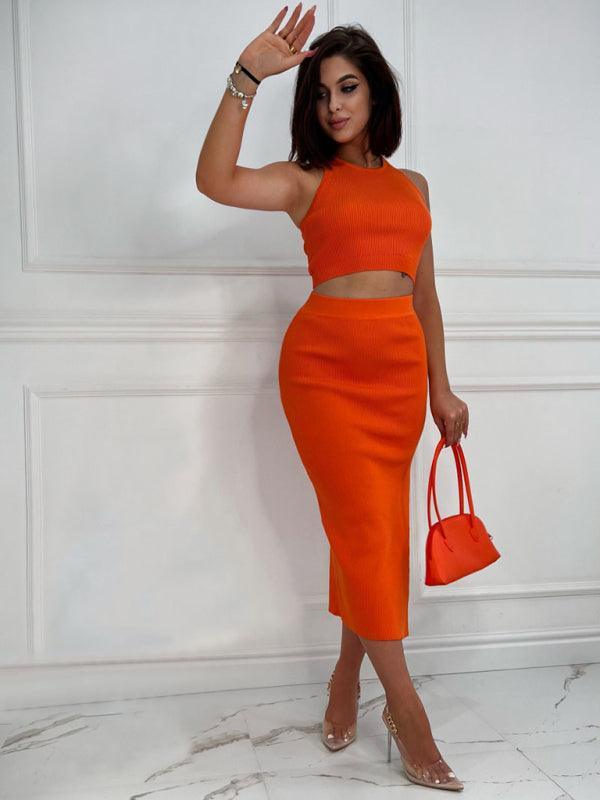 Women's Solid Color Vest Top Slim Fit Slit Skirt Two Piece Set - 808Lush