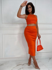 Women's Solid Color Vest Top Slim Fit Slit Skirt Two Piece Set - 808Lush