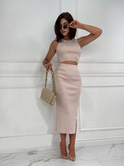 Women's Solid Color Vest Top Slim Fit Slit Skirt Two Piece Set - 808Lush