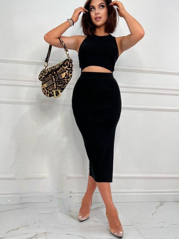 Women's Solid Color Vest Top Slim Fit Slit Skirt Two Piece Set - 808Lush