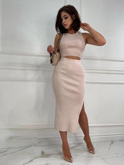 Women's Solid Color Vest Top Slim Fit Slit Skirt Two Piece Set - 808Lush