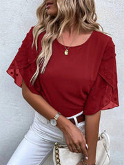 Women's Solid color lace paneling round neck short sleeve top - 808Lush