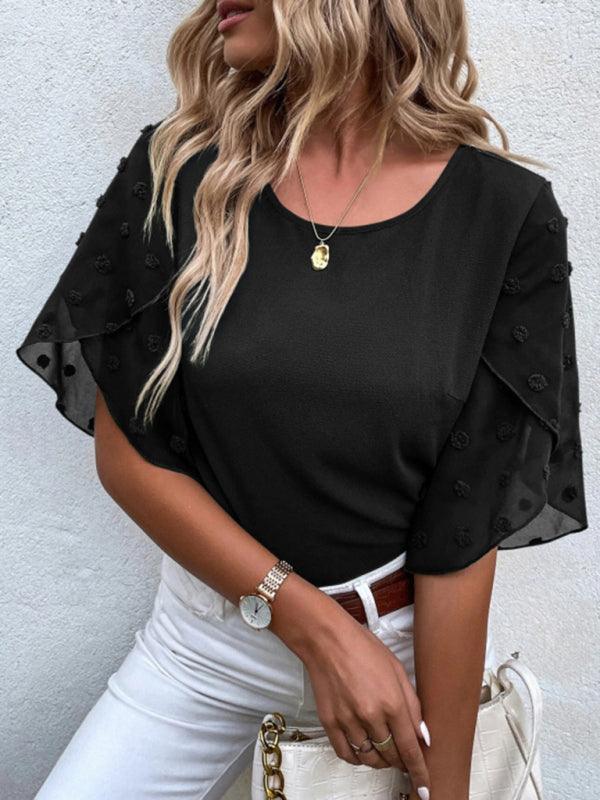 Women's Solid color lace paneling round neck short sleeve top - 808Lush