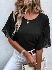 Women's Solid color lace paneling round neck short sleeve top - 808Lush