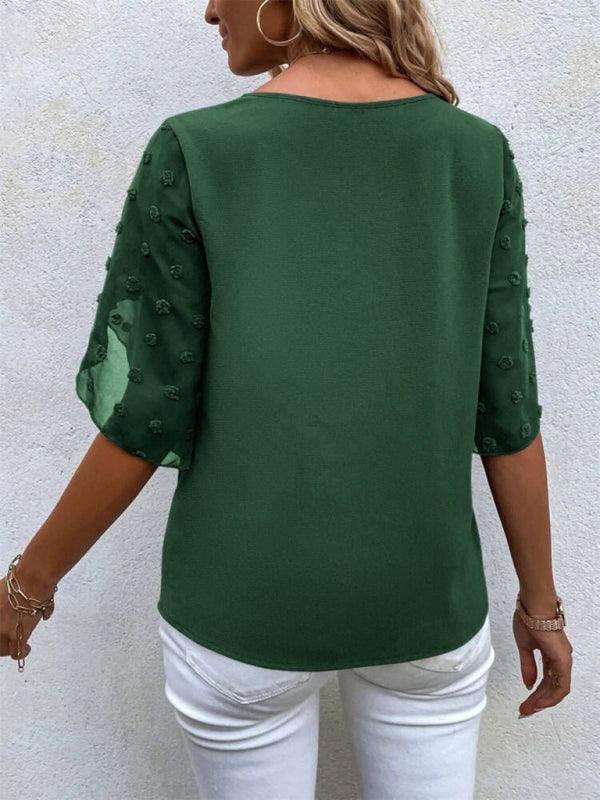 Women's Solid color lace paneling round neck short sleeve top - 808Lush