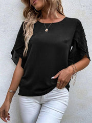 Women's Solid color lace paneling round neck short sleeve top - 808Lush