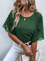 Women's Solid color lace paneling round neck short sleeve top - 808Lush