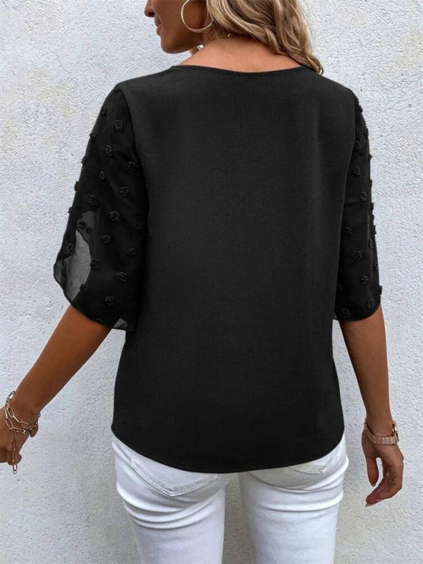Women's Solid color lace paneling round neck short sleeve top - 808Lush