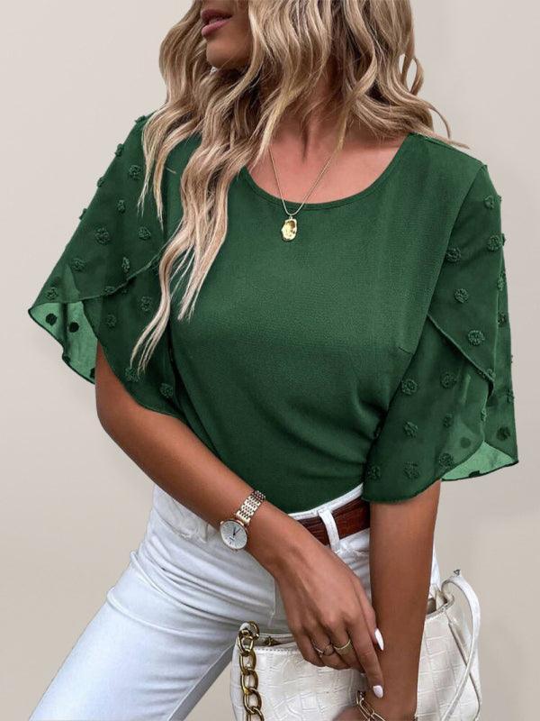 Women's Solid color lace paneling round neck short sleeve top - 808Lush