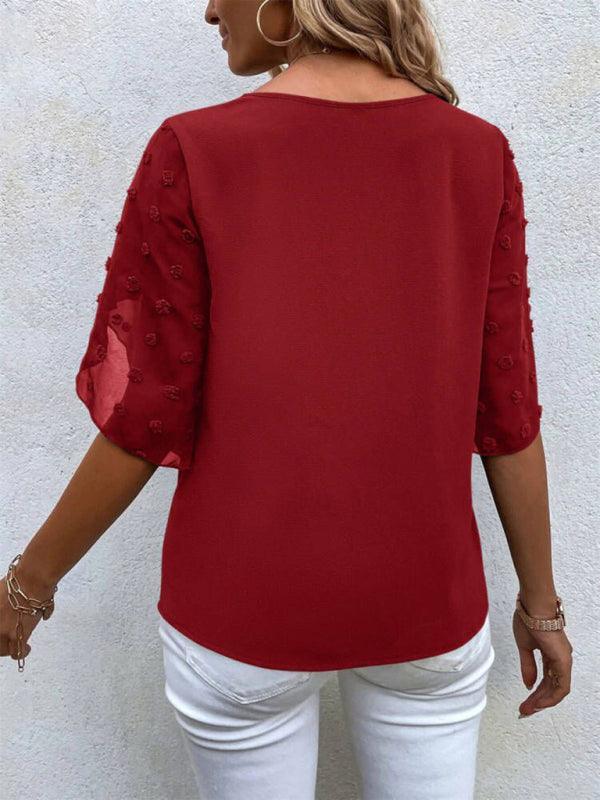 Women's Solid color lace paneling round neck short sleeve top - 808Lush