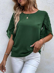 Women's Solid color lace paneling round neck short sleeve top - 808Lush