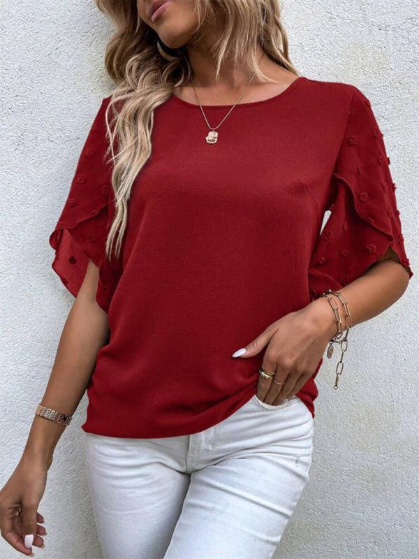 Women's Solid color lace paneling round neck short sleeve top - 808Lush