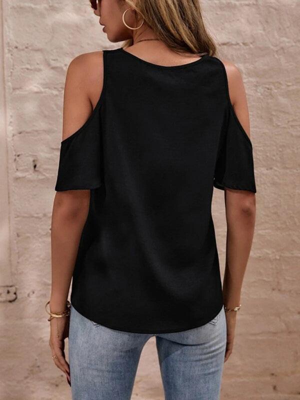 Women's Solid color lace-trimmed V-neck off-the-shoulder short-sleeved top - 808Lush