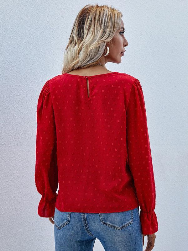 Women's Solid color round neck long sleeve jacquard polka dot shirt - 808Lush