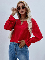 Women's Solid color round neck long sleeve jacquard polka dot shirt - 808Lush