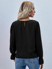 Women's Solid color round neck long sleeve jacquard polka dot shirt - 808Lush