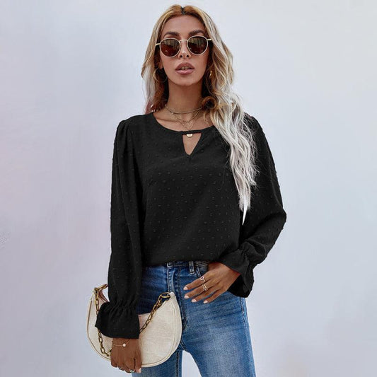 Women's Solid color round neck long sleeve jacquard polka dot shirt - 808Lush