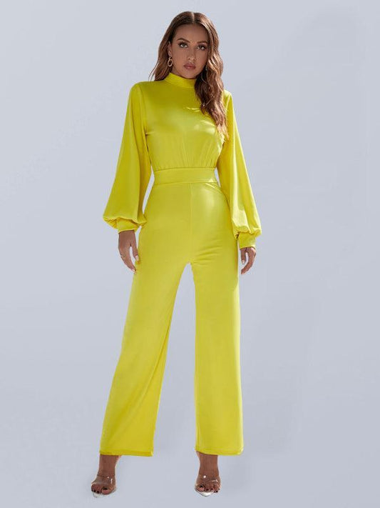 Women's Solid color turtleneck open back long sleeve jumpsuit - 808Lush