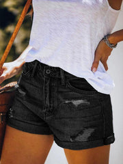 Women's Stretch Mid Rise Denim Shorts with Holes - 808Lush