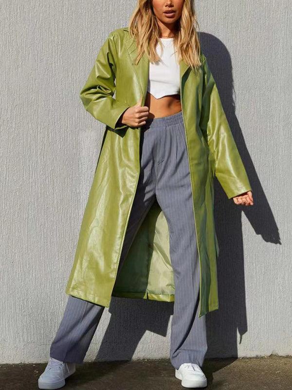Women's Temperament Casual Windbreaker Jacket Solid Color Long Leather Jacket - 808Lush