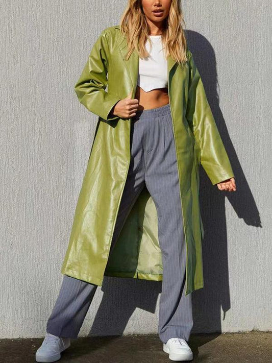 Women's Temperament Casual Windbreaker Jacket Solid Color Long Leather Jacket - 808Lush