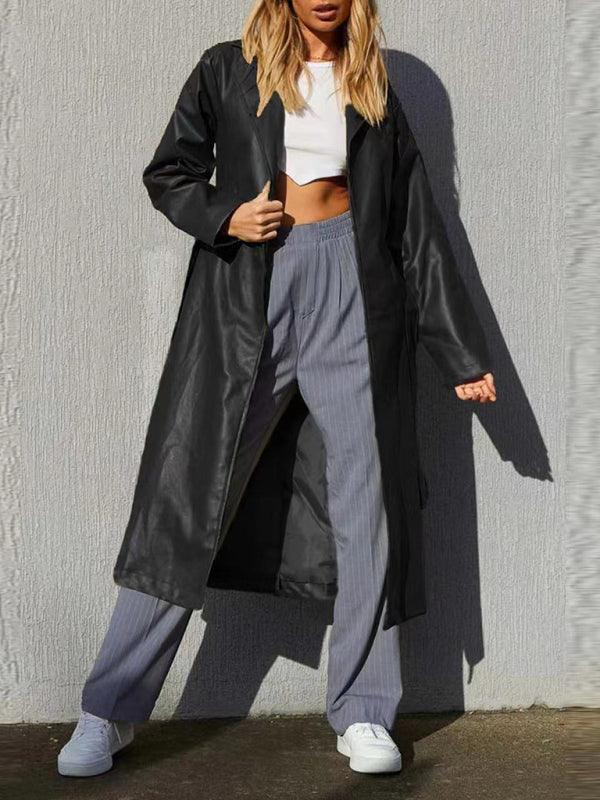 Women's Temperament Casual Windbreaker Jacket Solid Color Long Leather Jacket - 808Lush