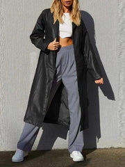 Women's Temperament Casual Windbreaker Jacket Solid Color Long Leather Jacket - 808Lush