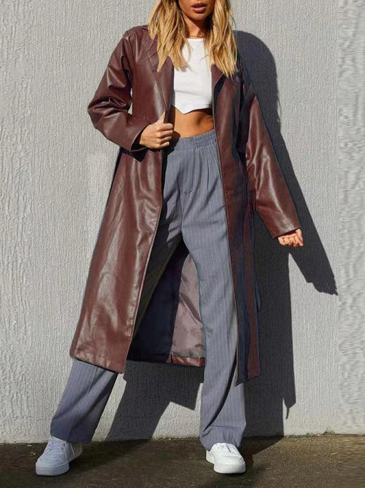 Women's Temperament Casual Windbreaker Jacket Solid Color Long Leather Jacket - 808Lush